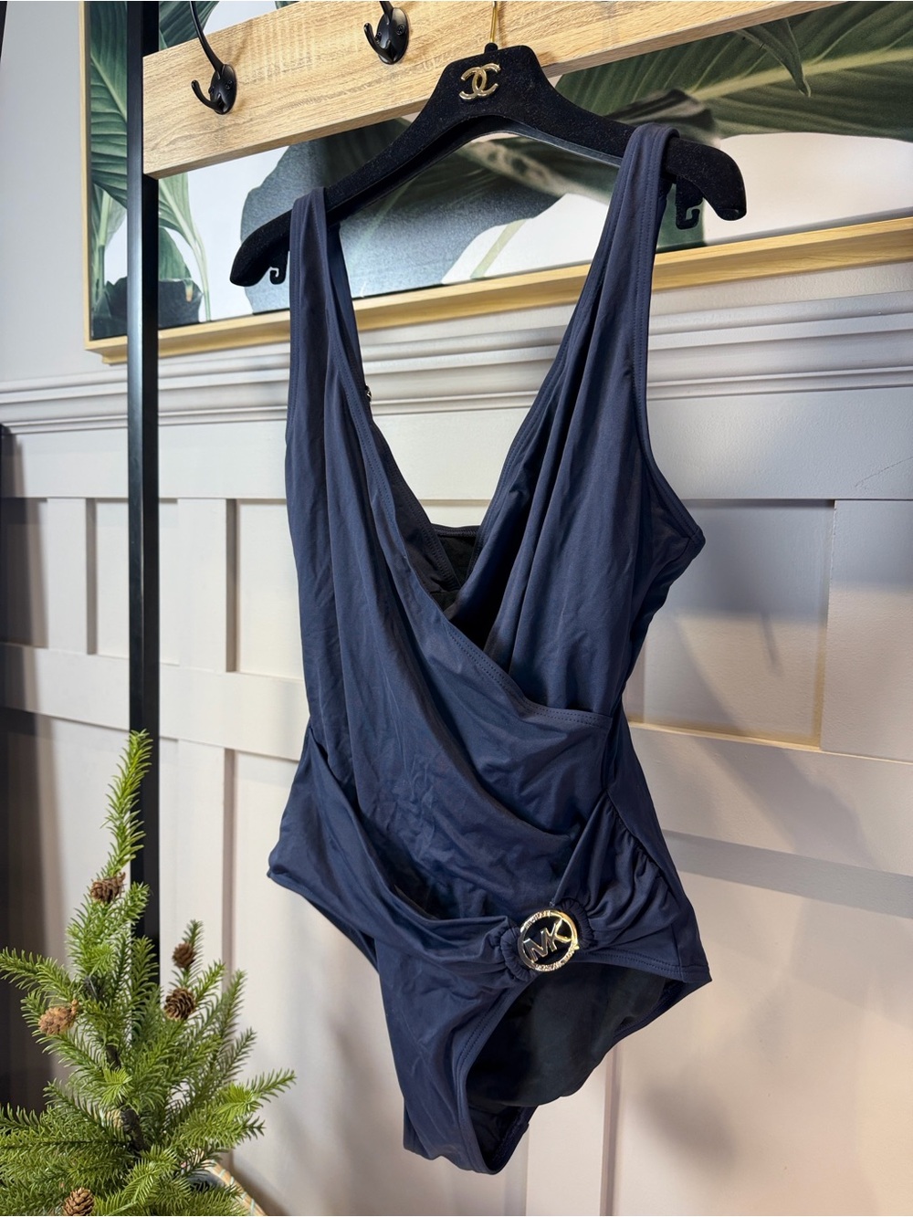 Michael Kors One Piece Blue Swimsuit w/Gold Circle Logo Hardware Women's Sz 12 - Picture 2 of 7